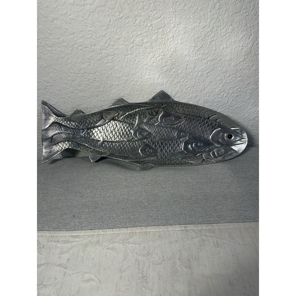 Vintage Arthur court 18.5" Metal Aluminum Salmon Fish Platter 1980s Red Eye